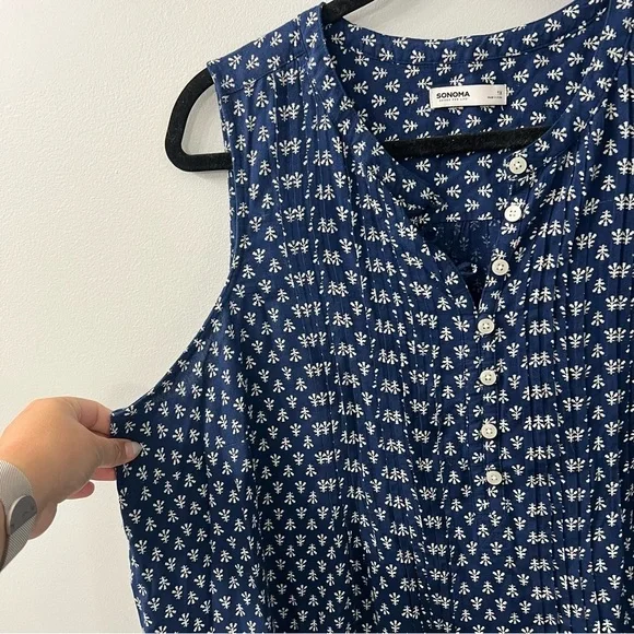 Sonoma Navy & White Floral Print Button V Neck Linen Blend Shift Dress 1X - Picture 3 of 5